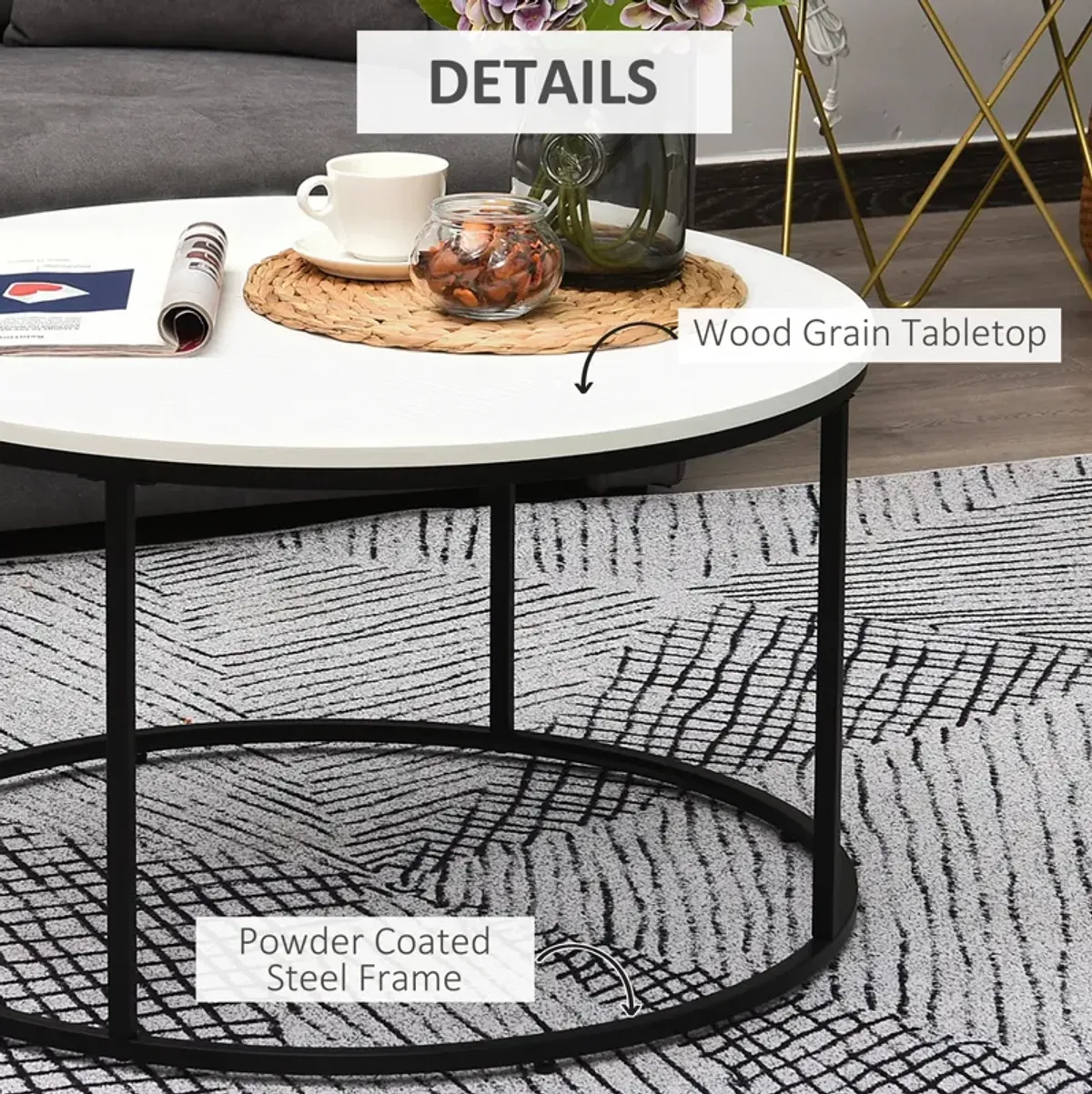 Minimalist Centerpiece: 32" White Round Coffee Table with Black Frame