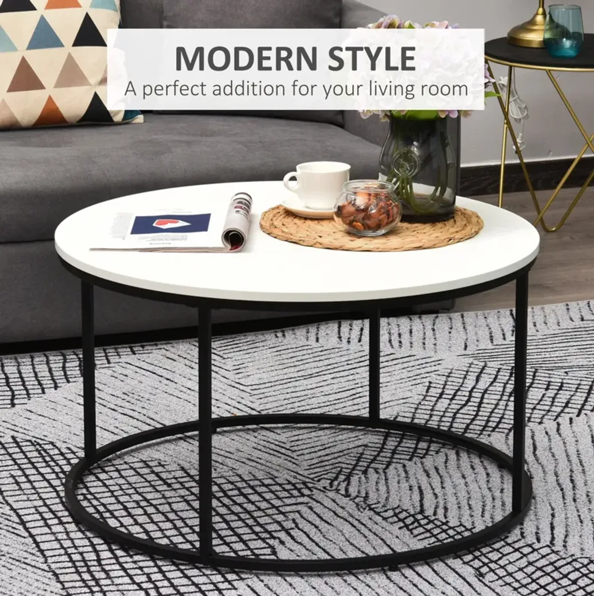 Minimalist Centerpiece: 32" White Round Coffee Table with Black Frame