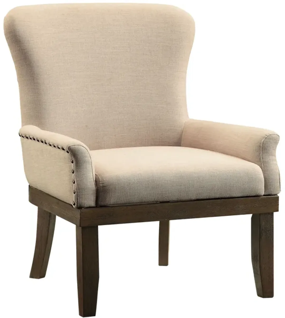 Wooden Arm Chair with Wing Back and Nailhead Trims, Beige and Brown-Benzara