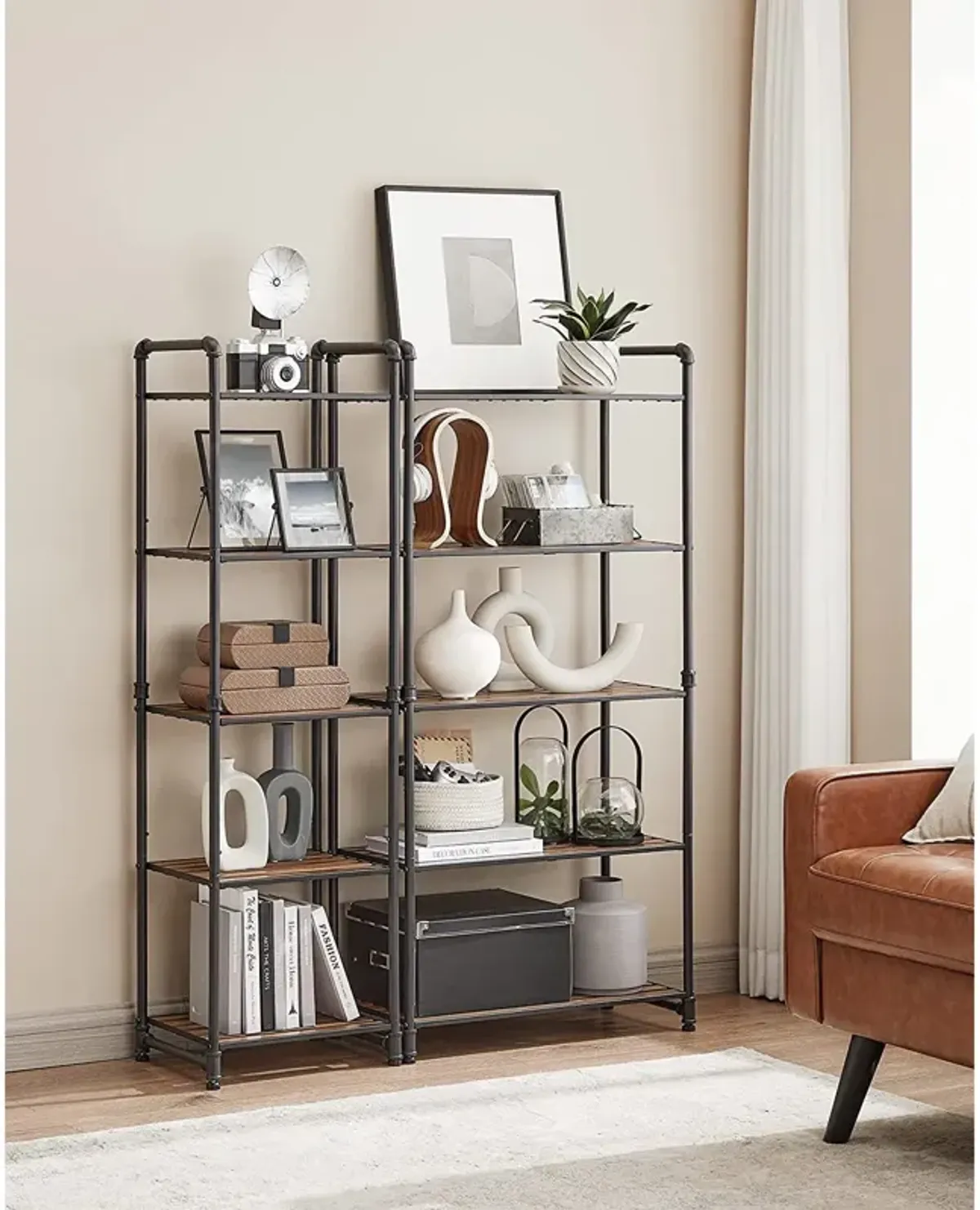 5-Tier Rustic Brown & Black Shelving Unit – Perfect for Bathroom & Living Space