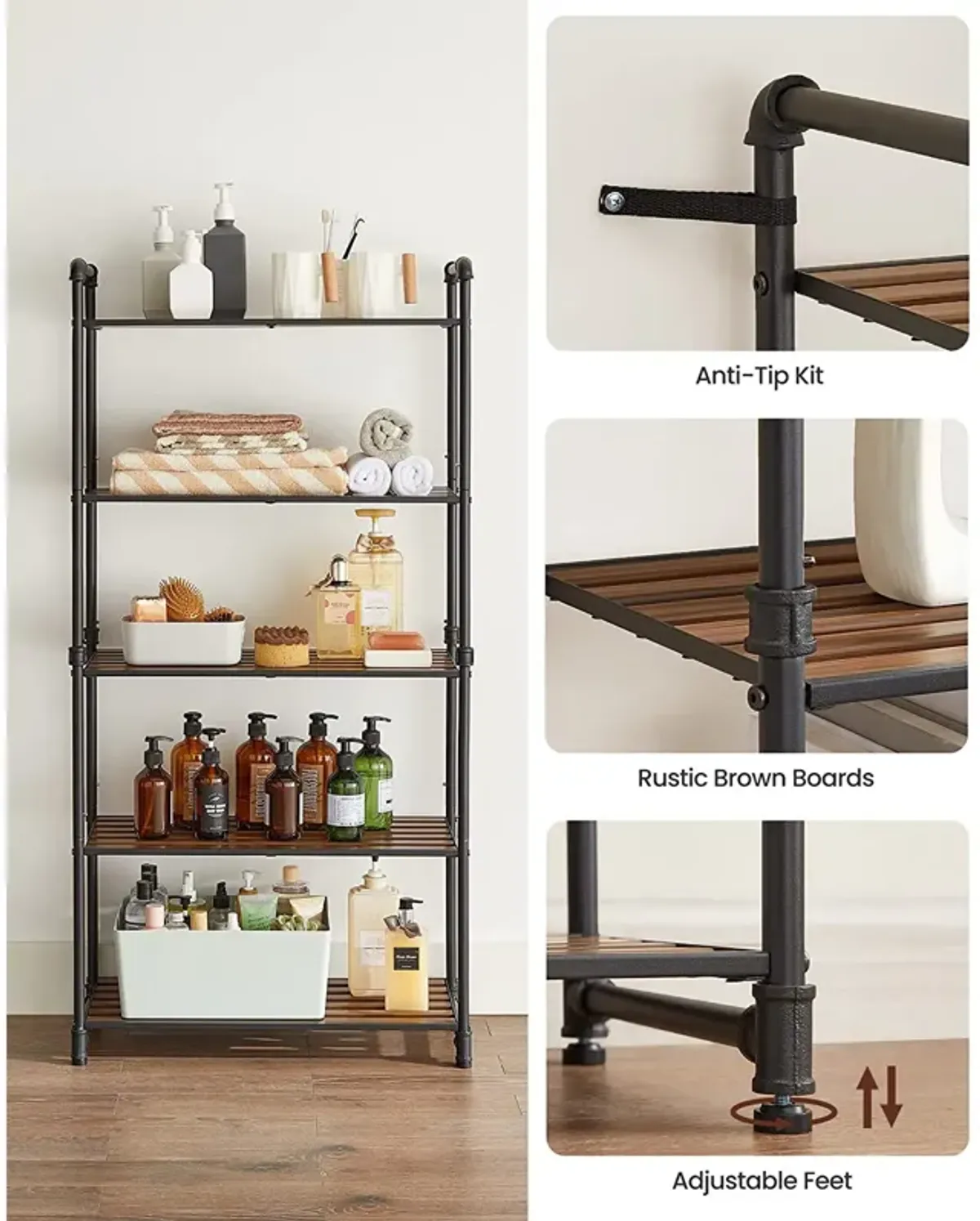 5-Tier Rustic Brown & Black Shelving Unit – Perfect for Bathroom & Living Space