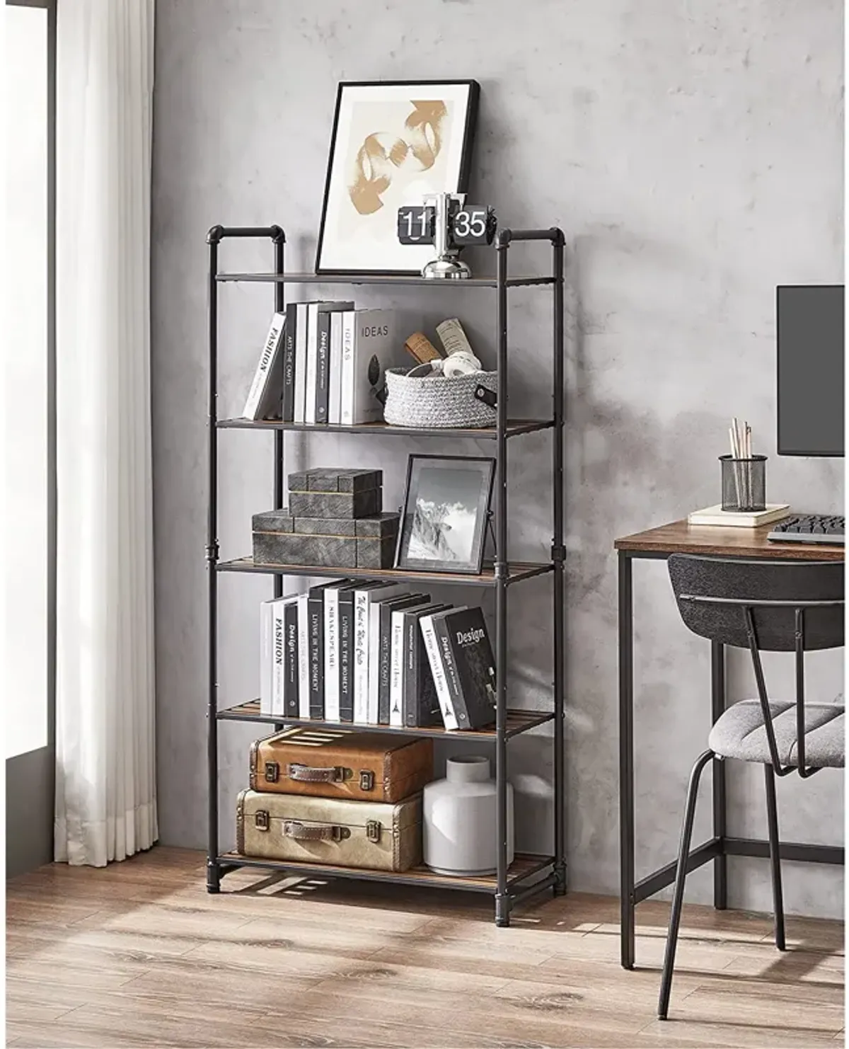 5-Tier Rustic Brown & Black Shelving Unit – Perfect for Bathroom & Living Space