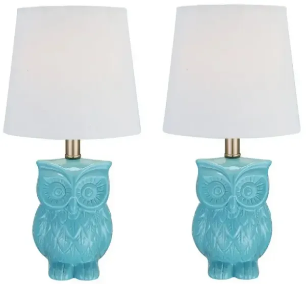 18 Inch Table Lamp with Owl Stand, Set of 2, Ceramic, Aqua Haze Finish-Benzara