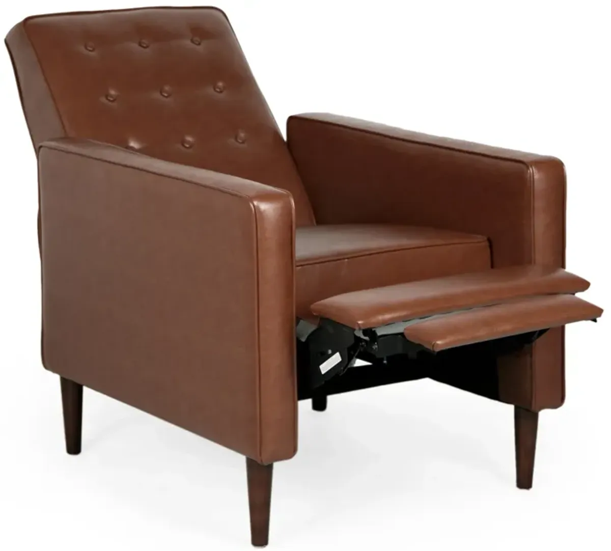 Recliner Chair, Birch Wood, Brown Tufted Waffle Stitch Faux Leather -Benzara