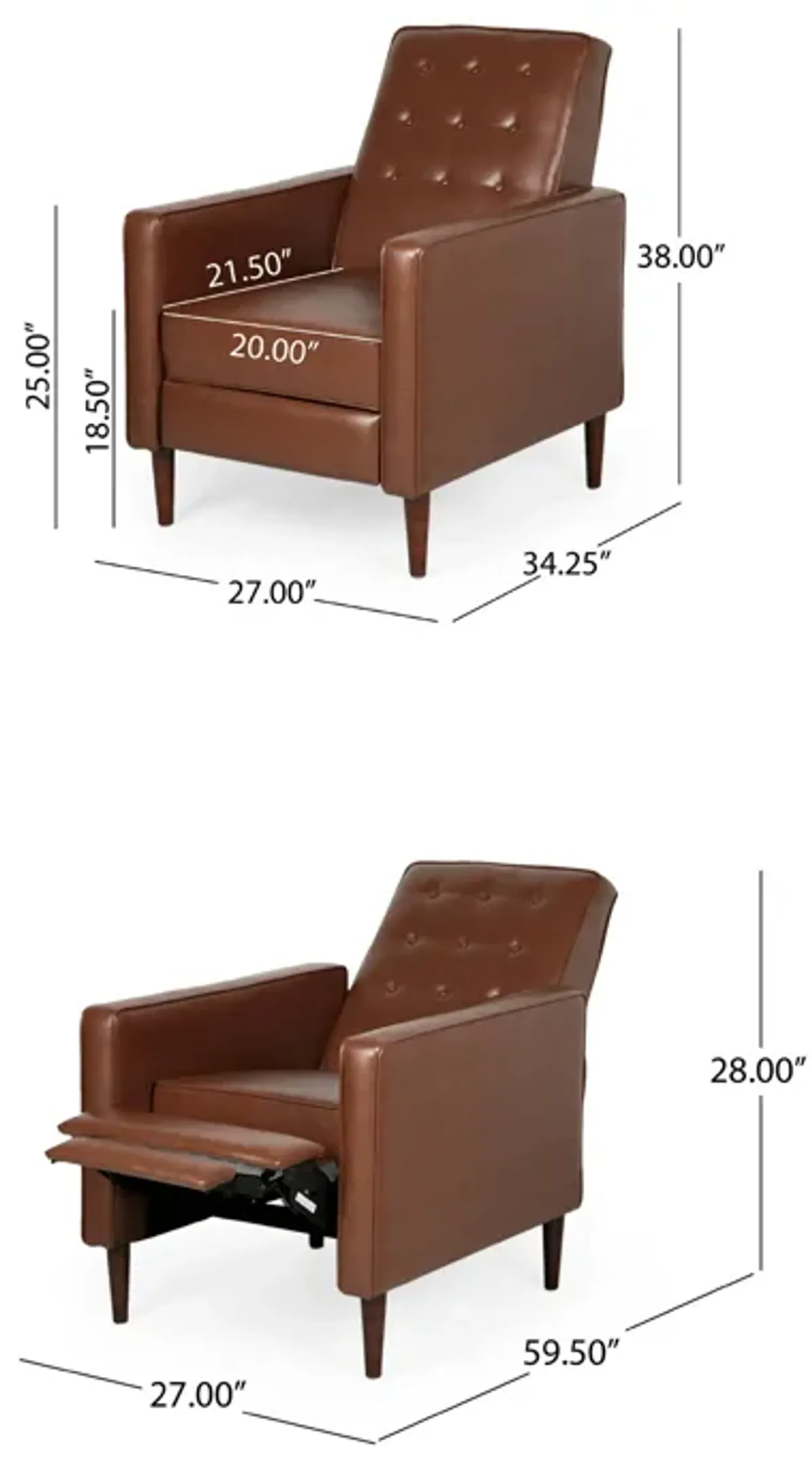 Recliner Chair, Birch Wood, Brown Tufted Waffle Stitch Faux Leather -Benzara