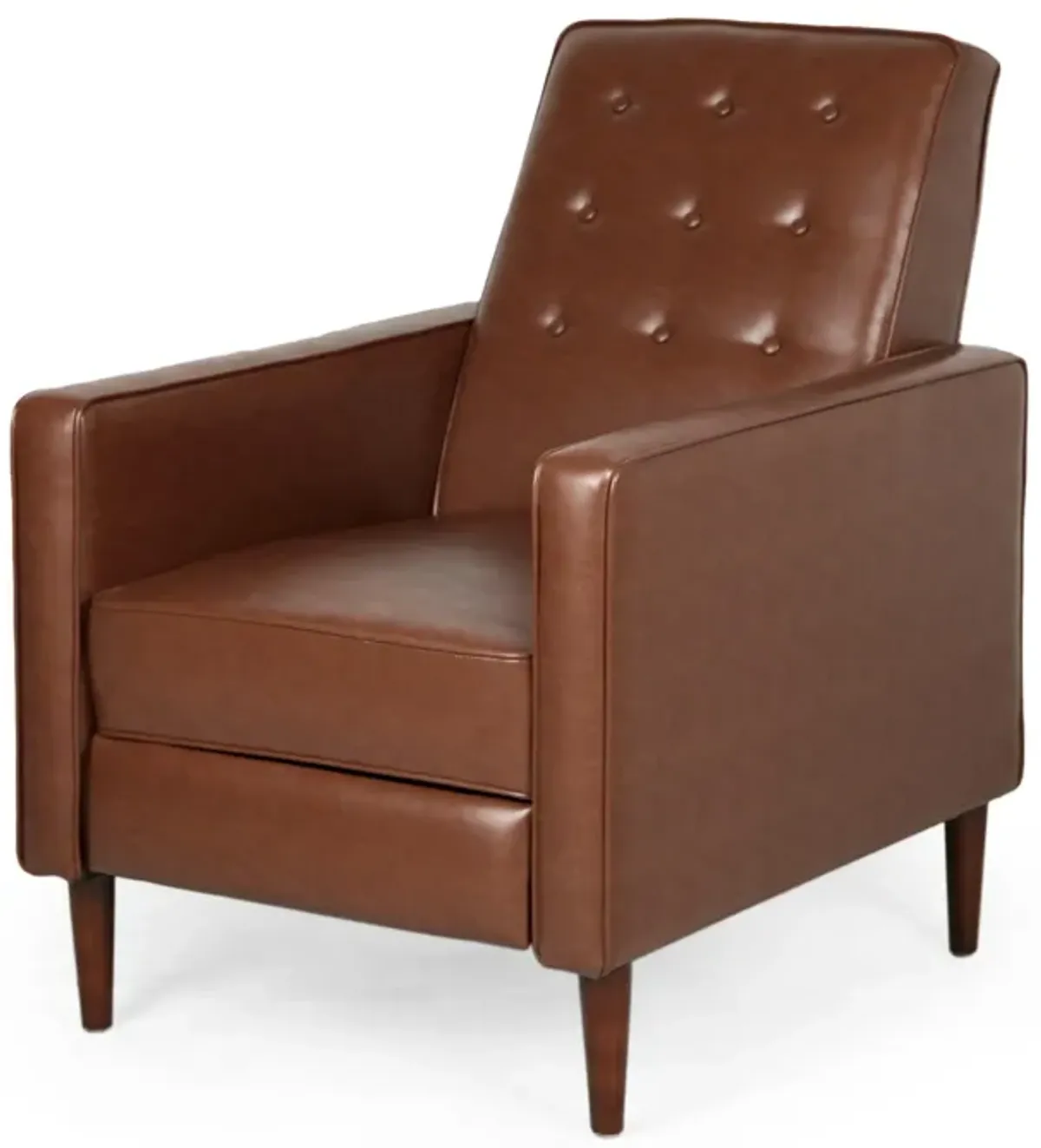 Recliner Chair, Birch Wood, Brown Tufted Waffle Stitch Faux Leather -Benzara