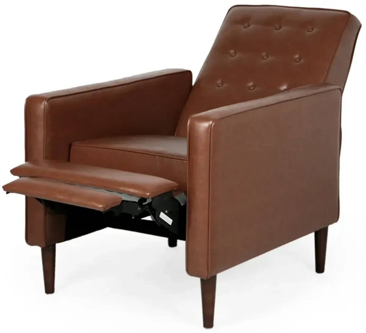 Recliner Chair, Birch Wood, Brown Tufted Waffle Stitch Faux Leather -Benzara