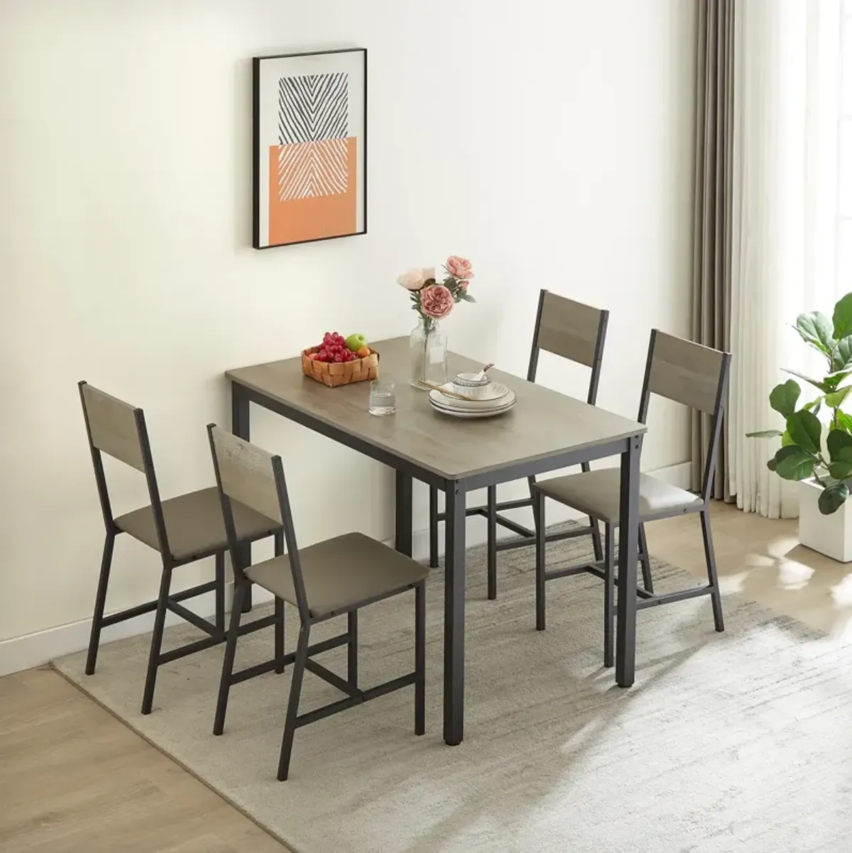 Dining Set For 5 Kitchen Table With 4 Upholstered Chairs, Grey, 47.2" L X 27.6" W X 29.7"