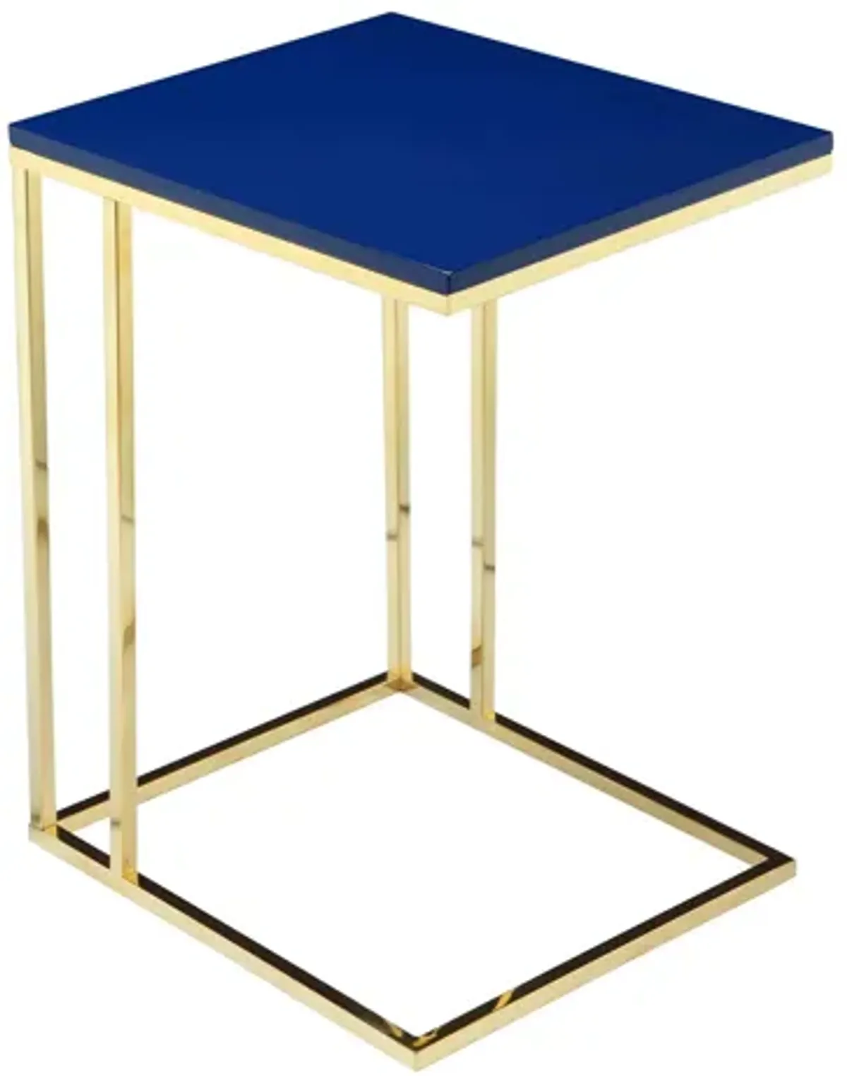 Zen Side End Table, C Shape Gold Base, Navy Blue Lacquer Top - Benzara