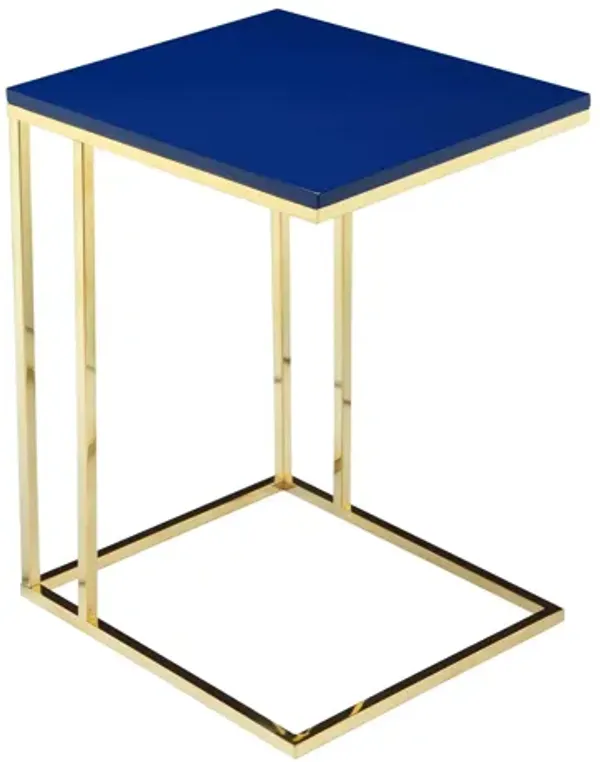 Zen Side End Table, C Shape Gold Base, Navy Blue Lacquer Top - Benzara