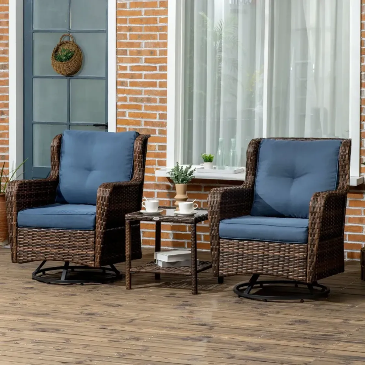 Dark Blue Patio Set: Rocking Bistro Set with 360° Swivel Function