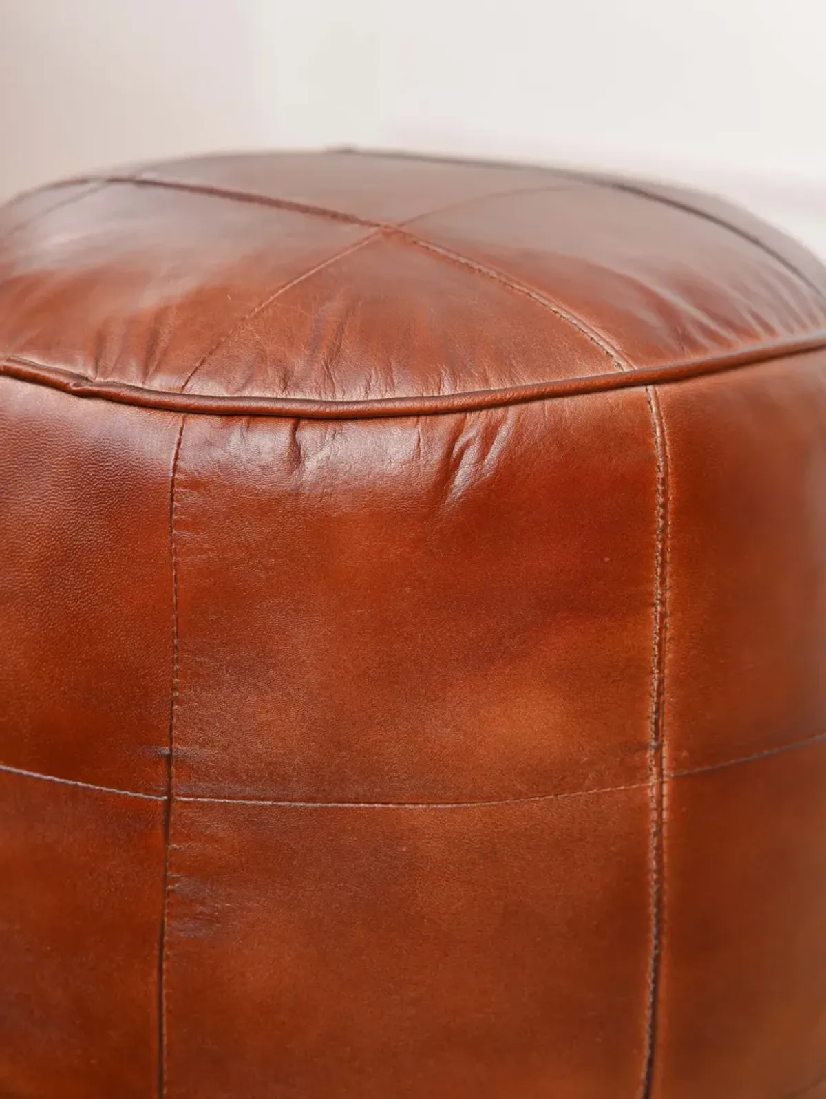 Geometric Handmade Leather Round Pouf 16"x16"x16" (Recycled Foam with Fibre Fill) Cognac Color BBBACPF39 BBH Homes