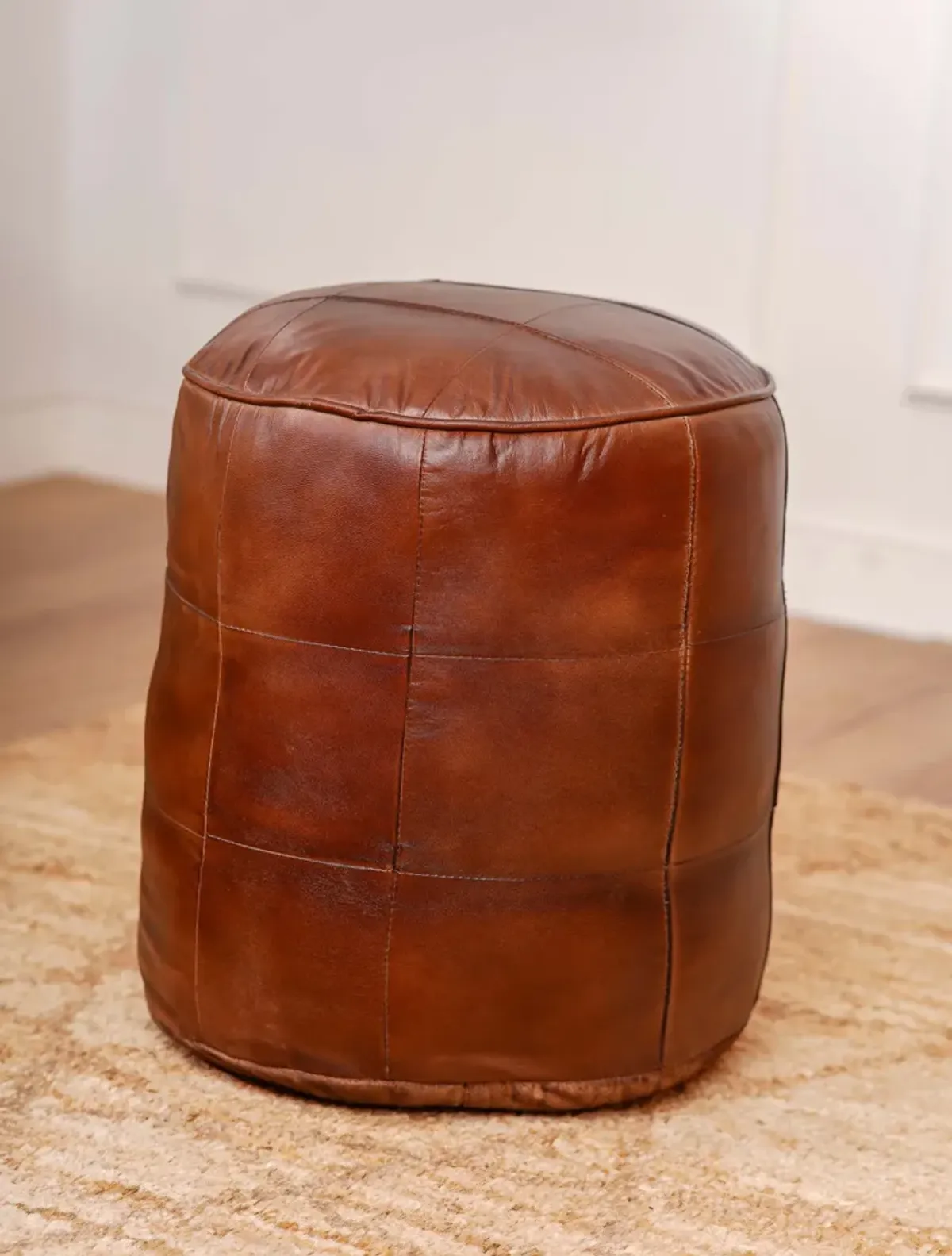 Geometric Handmade Leather Round Pouf 16"x16"x16" (Recycled Foam with Fibre Fill) Cognac Color BBBACPF39 BBH Homes