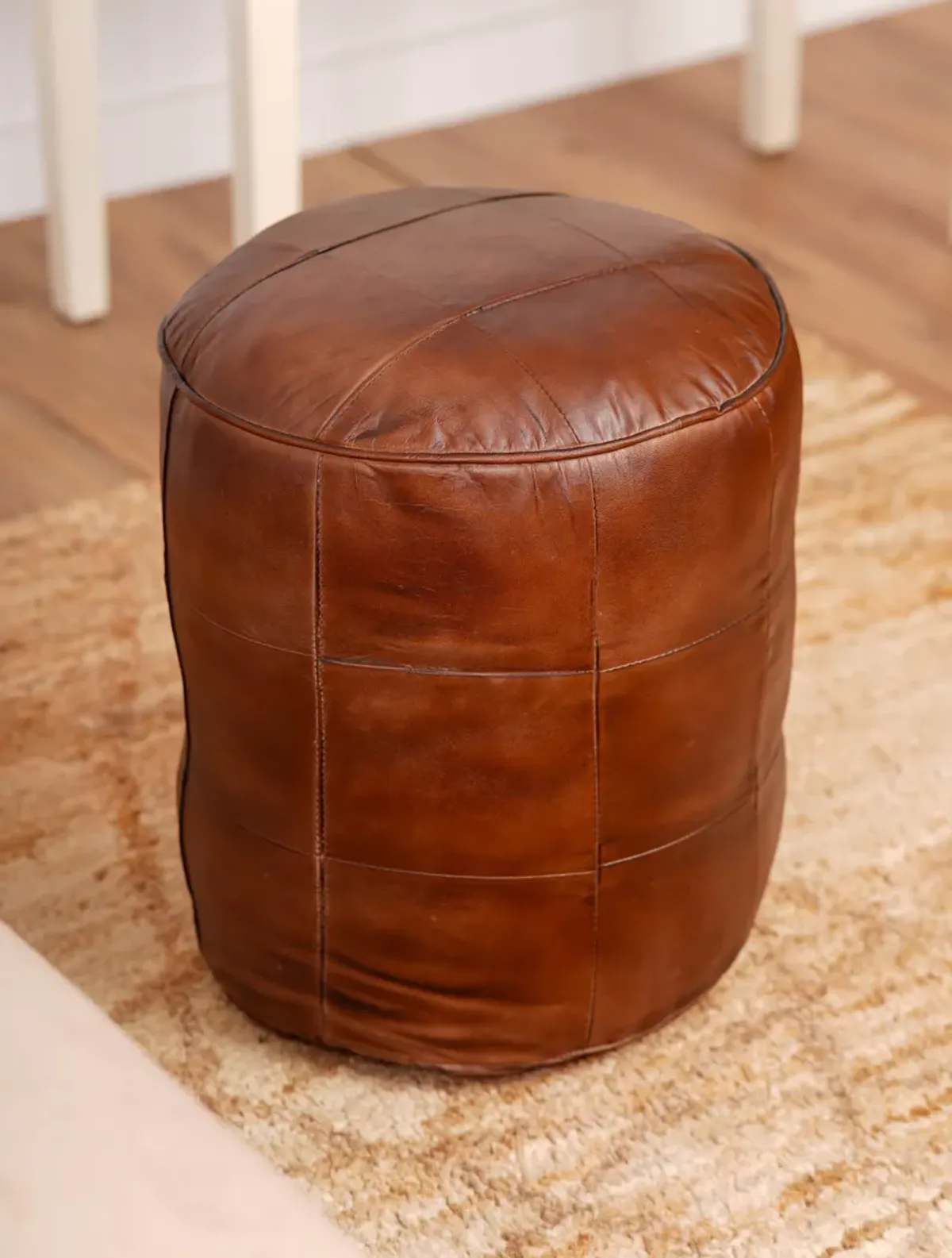 Geometric Handmade Leather Round Pouf 16"x16"x16" (Recycled Foam with Fibre Fill) Cognac Color BBBACPF39 BBH Homes