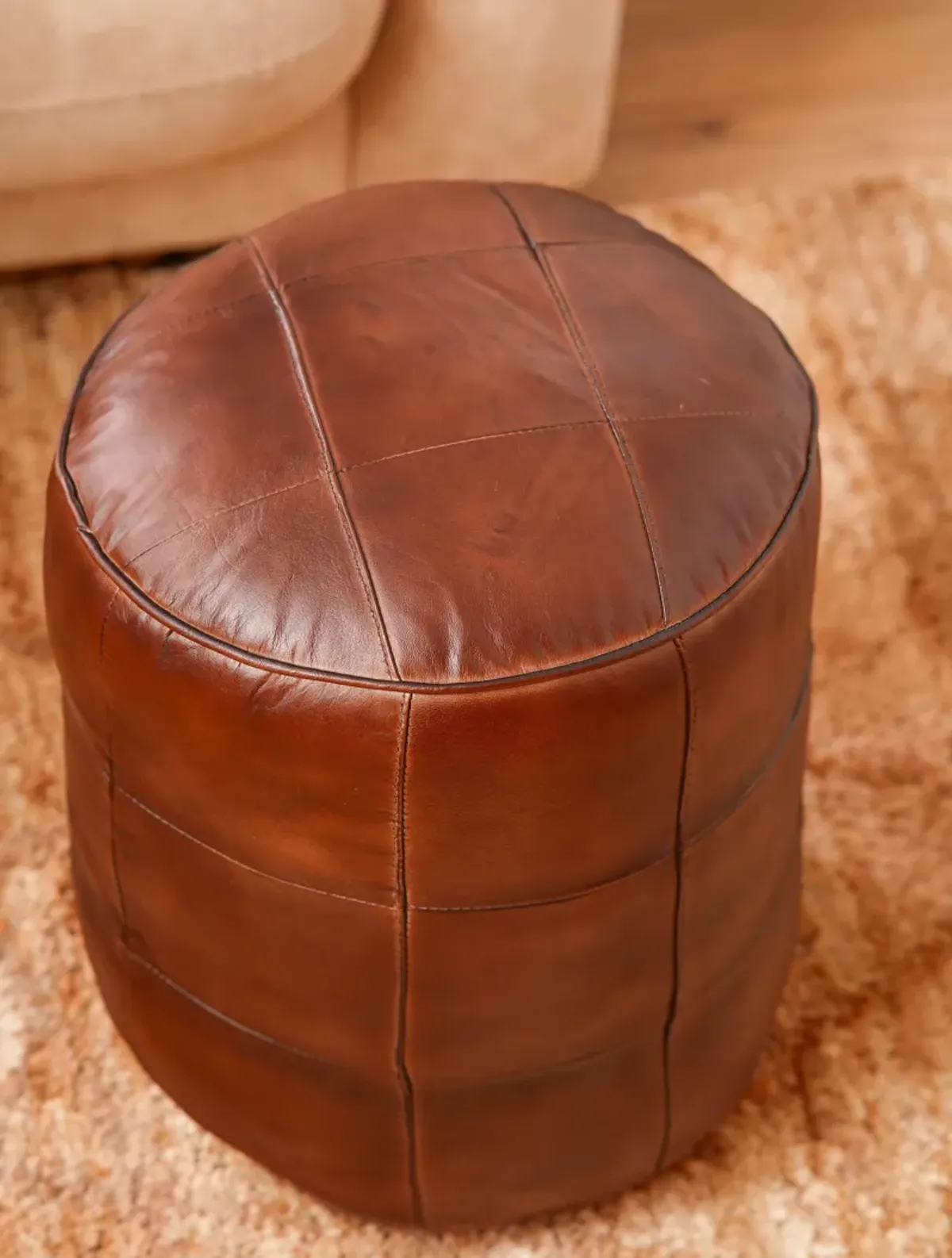 Geometric Handmade Leather Round Pouf 16"x16"x16" (Recycled Foam with Fibre Fill) Cognac Color BBBACPF39 BBH Homes