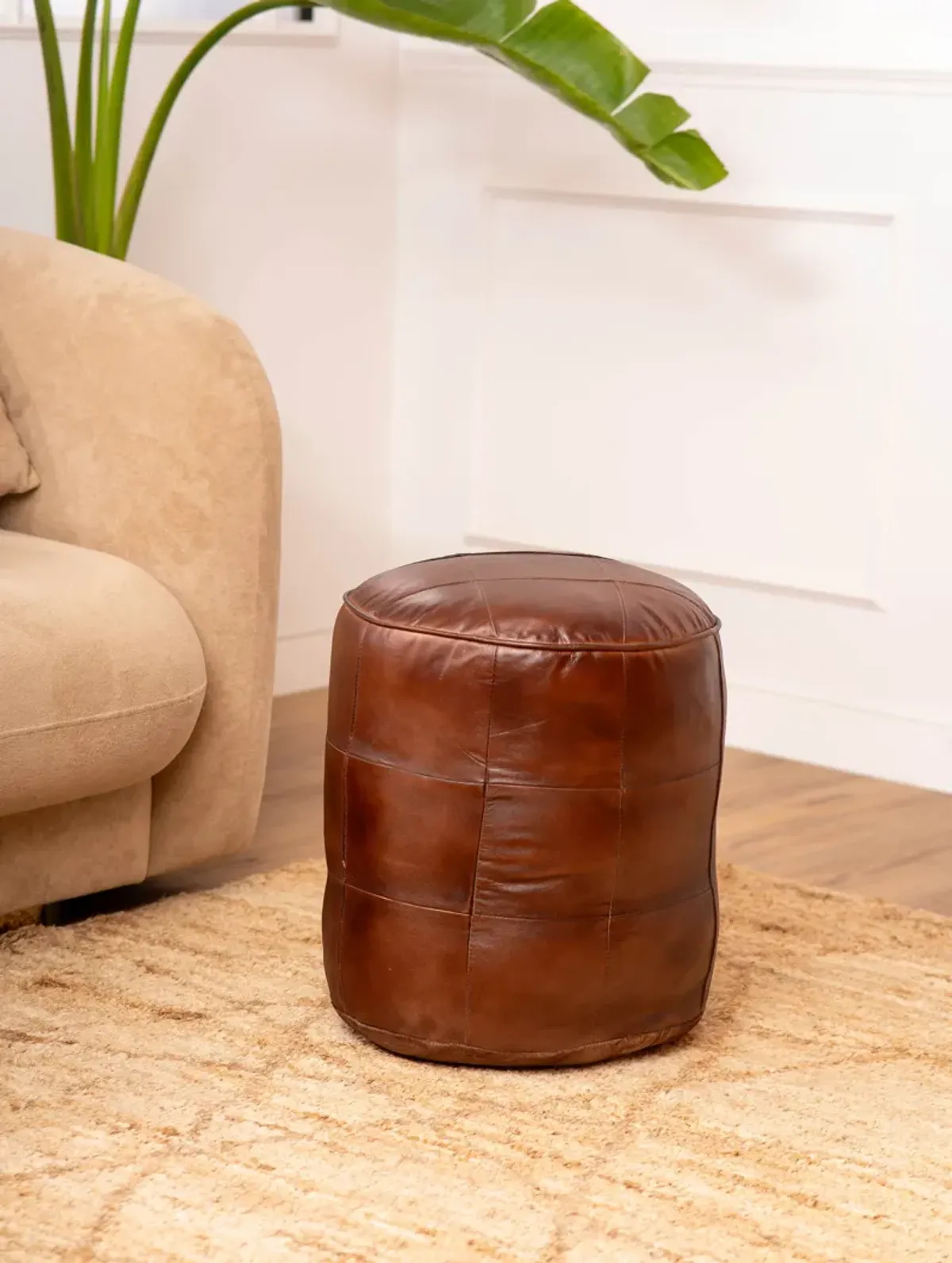 Geometric Handmade Leather Round Pouf 16"x16"x16" (Recycled Foam with Fibre Fill) Cognac Color BBBACPF39 BBH Homes