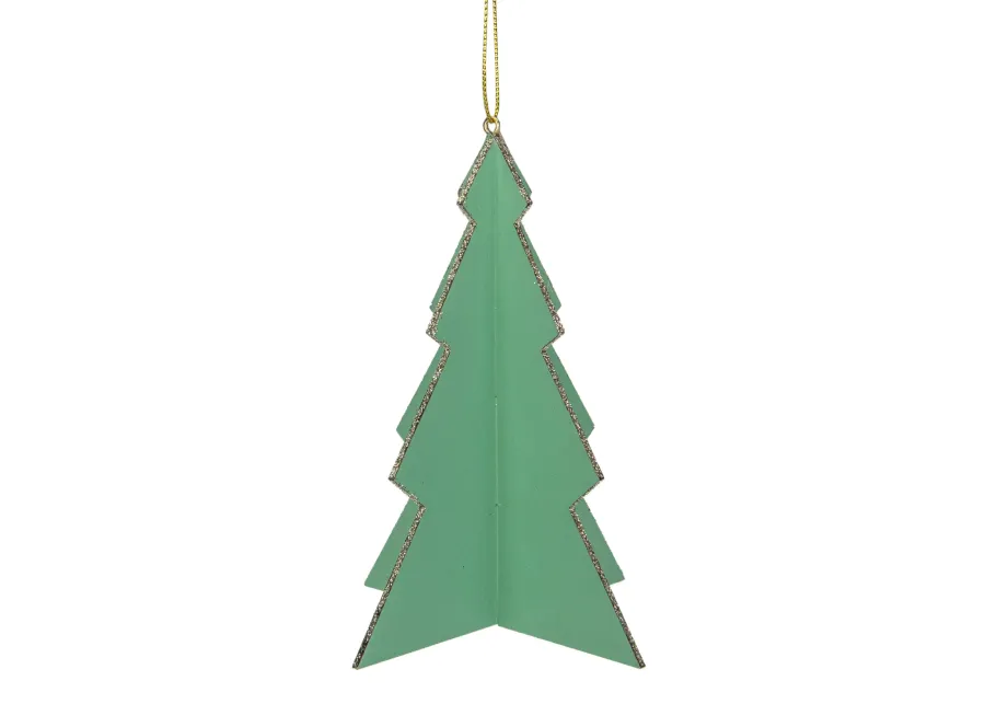 5.25" Green 3D Tree With Silver Glitter Wooden Christmas Ornament