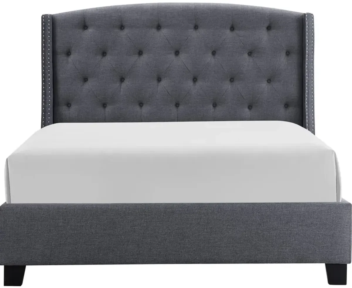 Elle Queen Size Bed, Low Profile, Gray Button Tufted Upholstered Headboard - Benzara