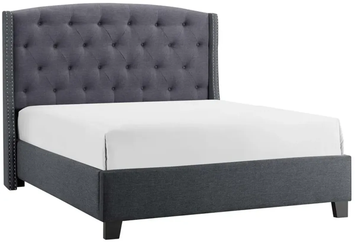 Elle Queen Size Bed, Low Profile, Gray Button Tufted Upholstered Headboard - Benzara