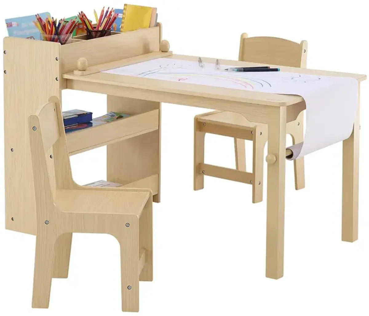 Kids Art Table with 2 Chairs Wood Toddler Activity Table with Storage Cabinet