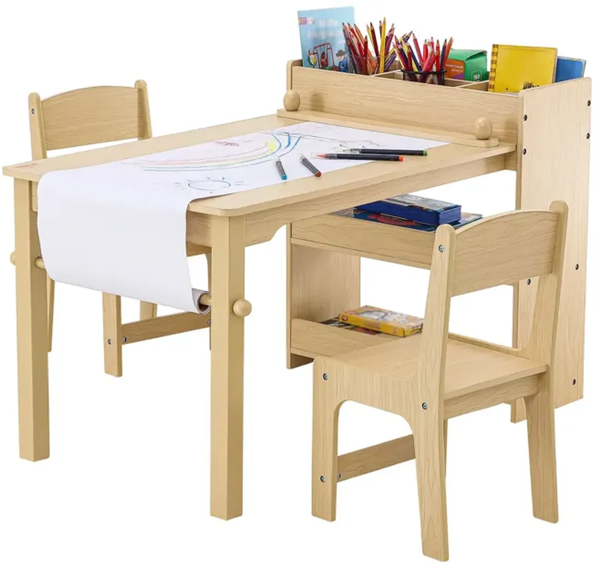 Kids Art Table with 2 Chairs Wood Toddler Activity Table with Storage Cabinet