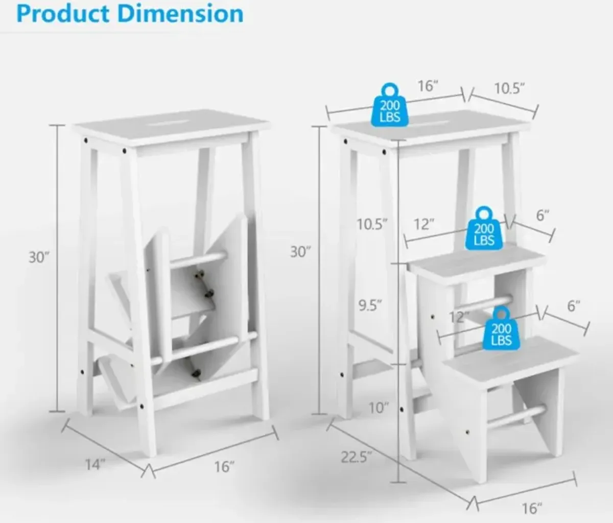 Hivvago 3-in-1 Rubber Wood 3 Tier Folding Step Stool Ladder Storage Shelf