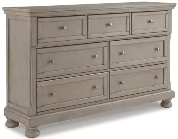Ryno Wide Dresser, 7 Drawers, Pull Out Tray, Silver Round Knobs, Gray - Benzara