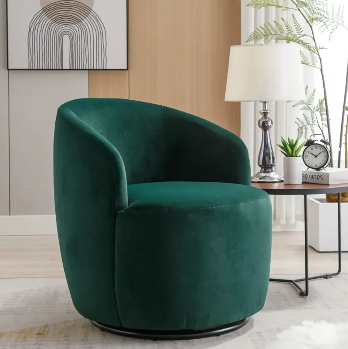 Hivvago Velvet Fabric Swivel Accent Armchair Plain Barrel Chair With Metal Ring