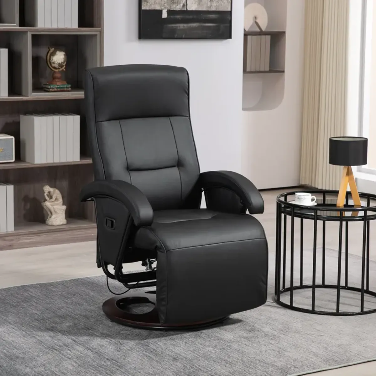 Black Swivel Recliner: 135° Adjustable, Wood Base