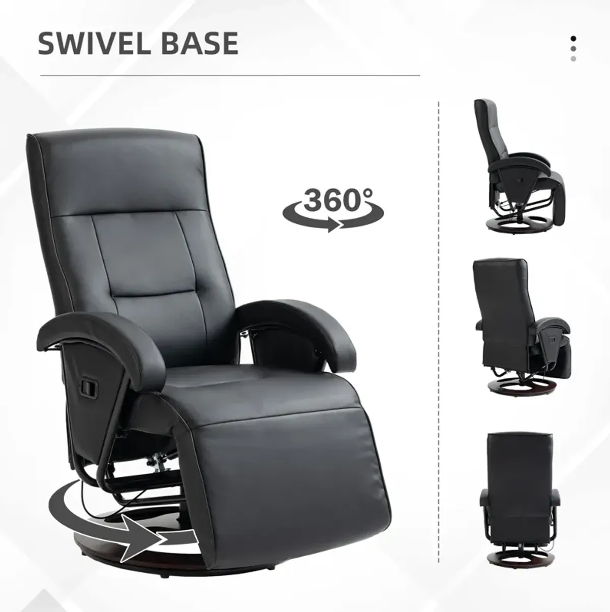 Black Swivel Recliner: 135° Adjustable, Wood Base