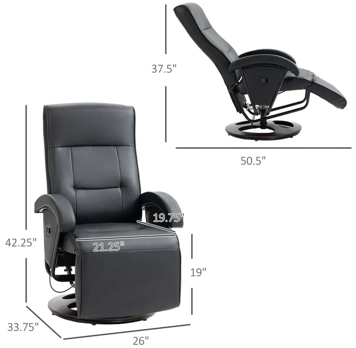 Black Swivel Recliner: 135° Adjustable, Wood Base