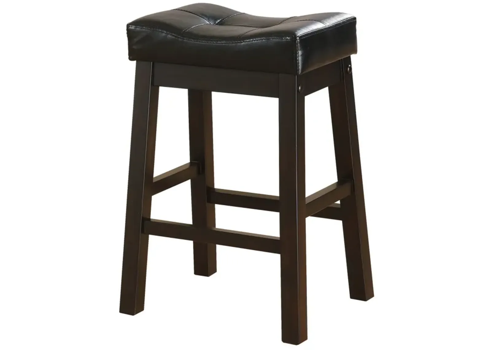 25 Inch Set of 2 Counter Height Stools, Brown Faux Leather Saddle Seat - Benzara