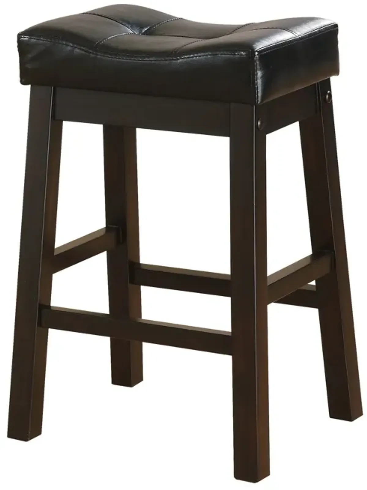 25 Inch Set of 2 Counter Height Stools, Brown Faux Leather Saddle Seat - Benzara