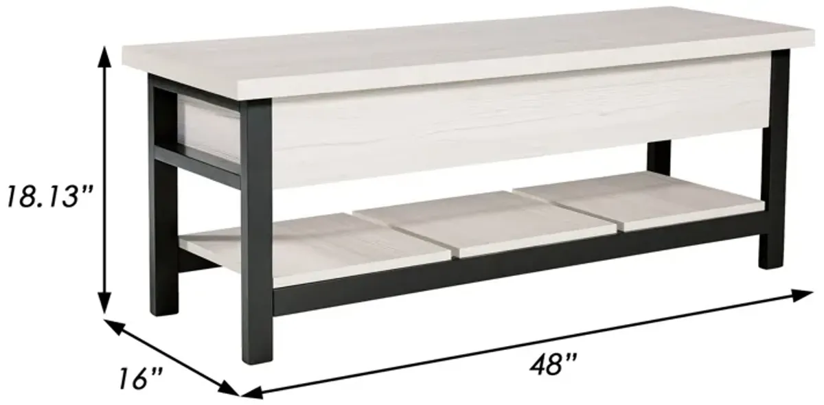 Ciara Storage Bench, White Engineered Wood, Black Solid Wood Legs, 48 Inch - Benzara