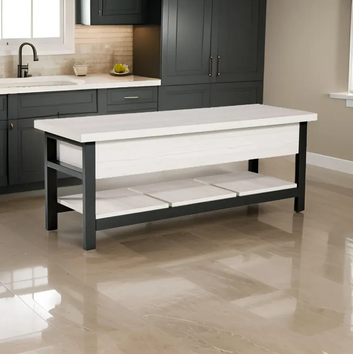 Ciara Storage Bench, White Engineered Wood, Black Solid Wood Legs, 48 Inch - Benzara