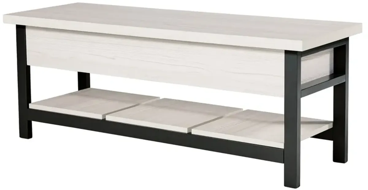 Ciara Storage Bench, White Engineered Wood, Black Solid Wood Legs, 48 Inch - Benzara