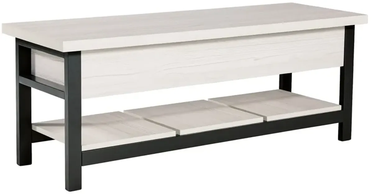 Ciara Storage Bench, White Engineered Wood, Black Solid Wood Legs, 48 Inch - Benzara