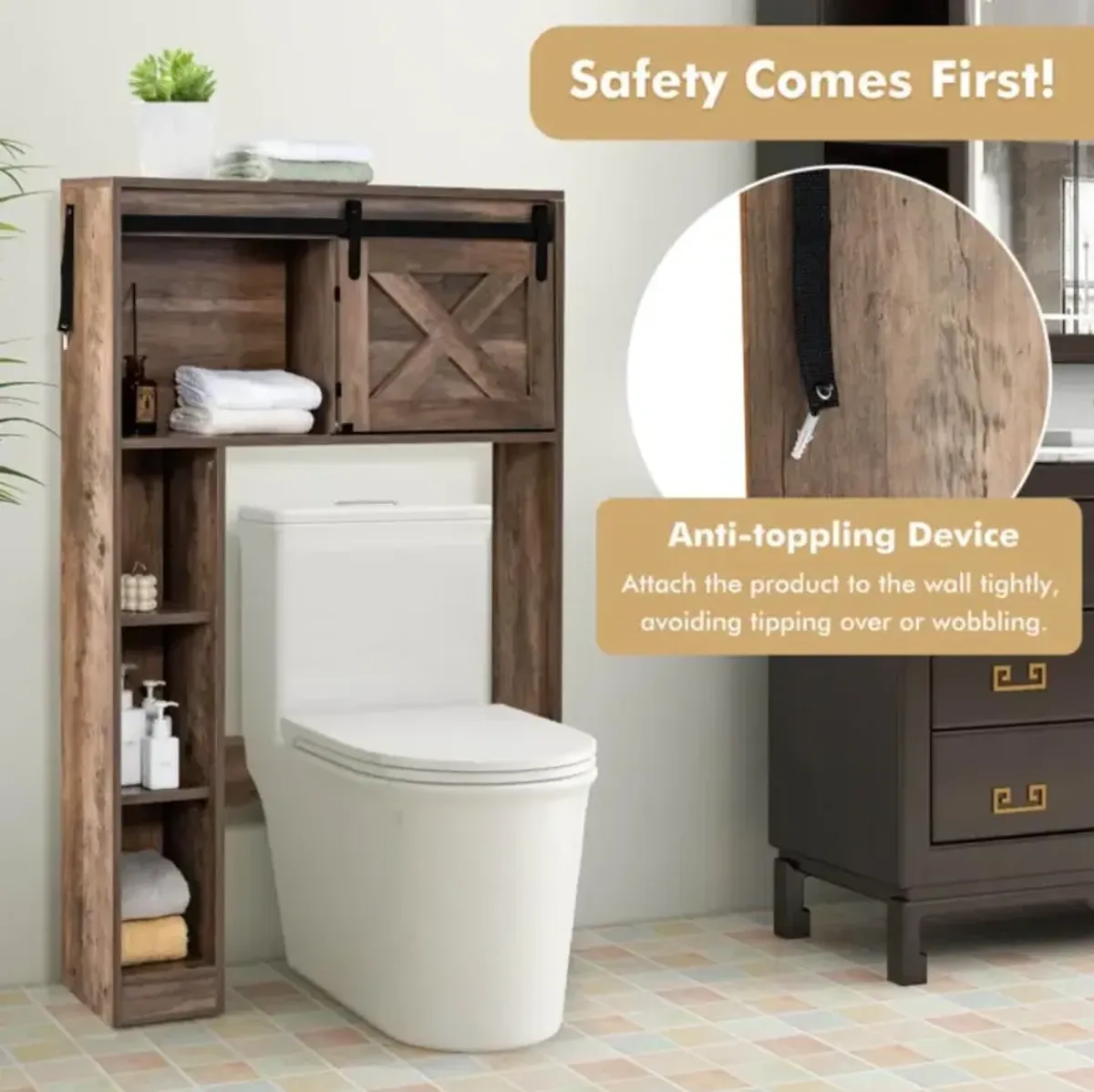 Hivvago 4-Tier Over The Toilet Storage Cabinet with Sliding Barn Door and Storage Shelves-Brown