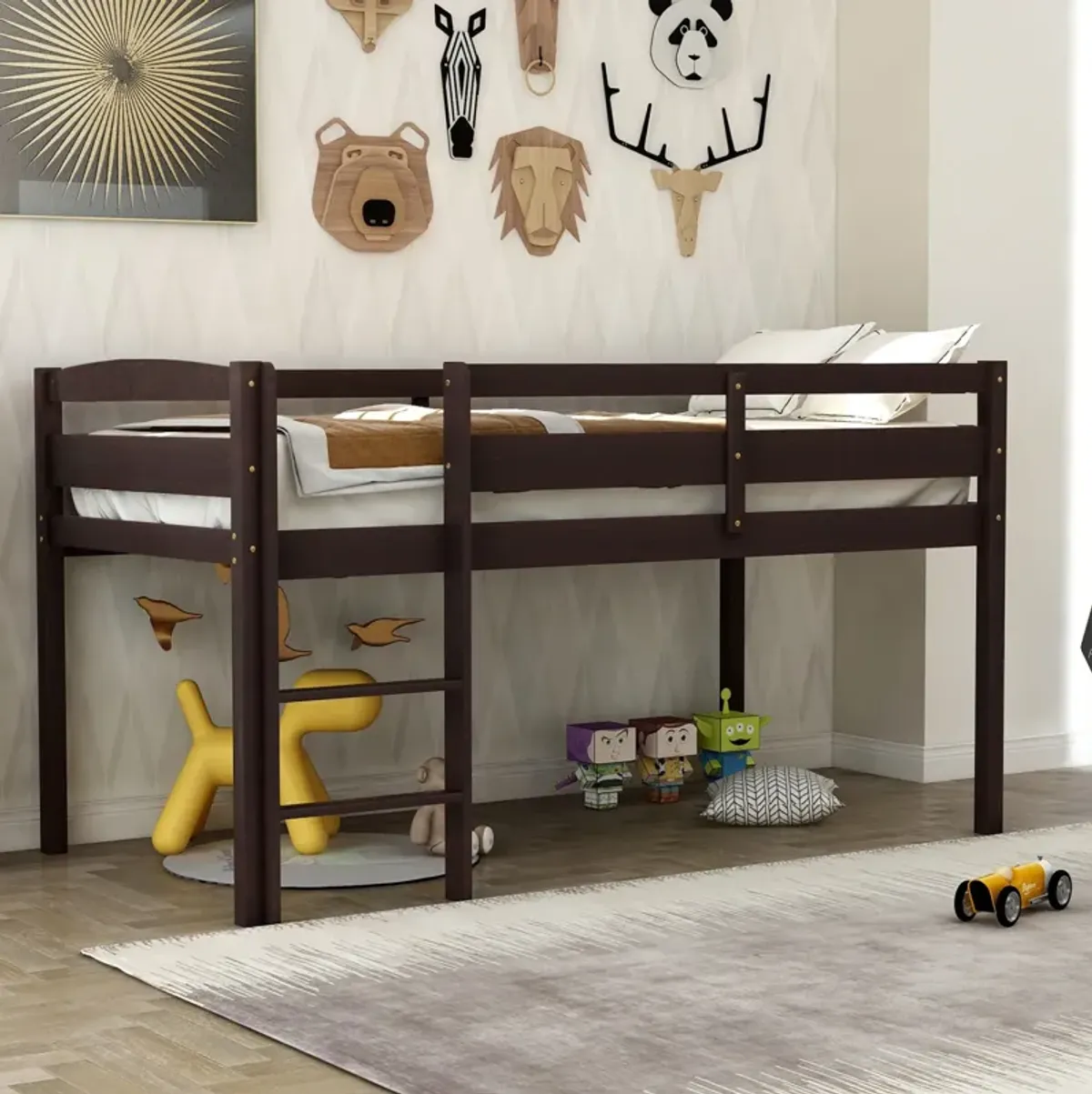 Twin Wood Loft Bed Low Loft Beds with Ladder, Twin