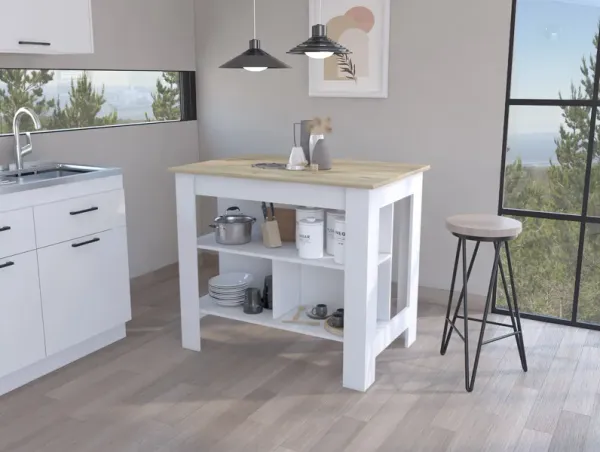 Streamdale Rockaway 3-Shelf Kitchen Island White And Light Oak