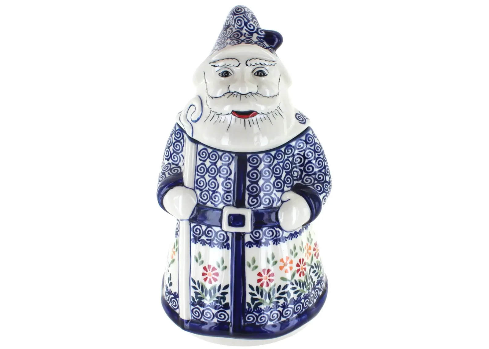 Blue Rose Polish Pottery Garden Bouquet Santa Cookie Jar