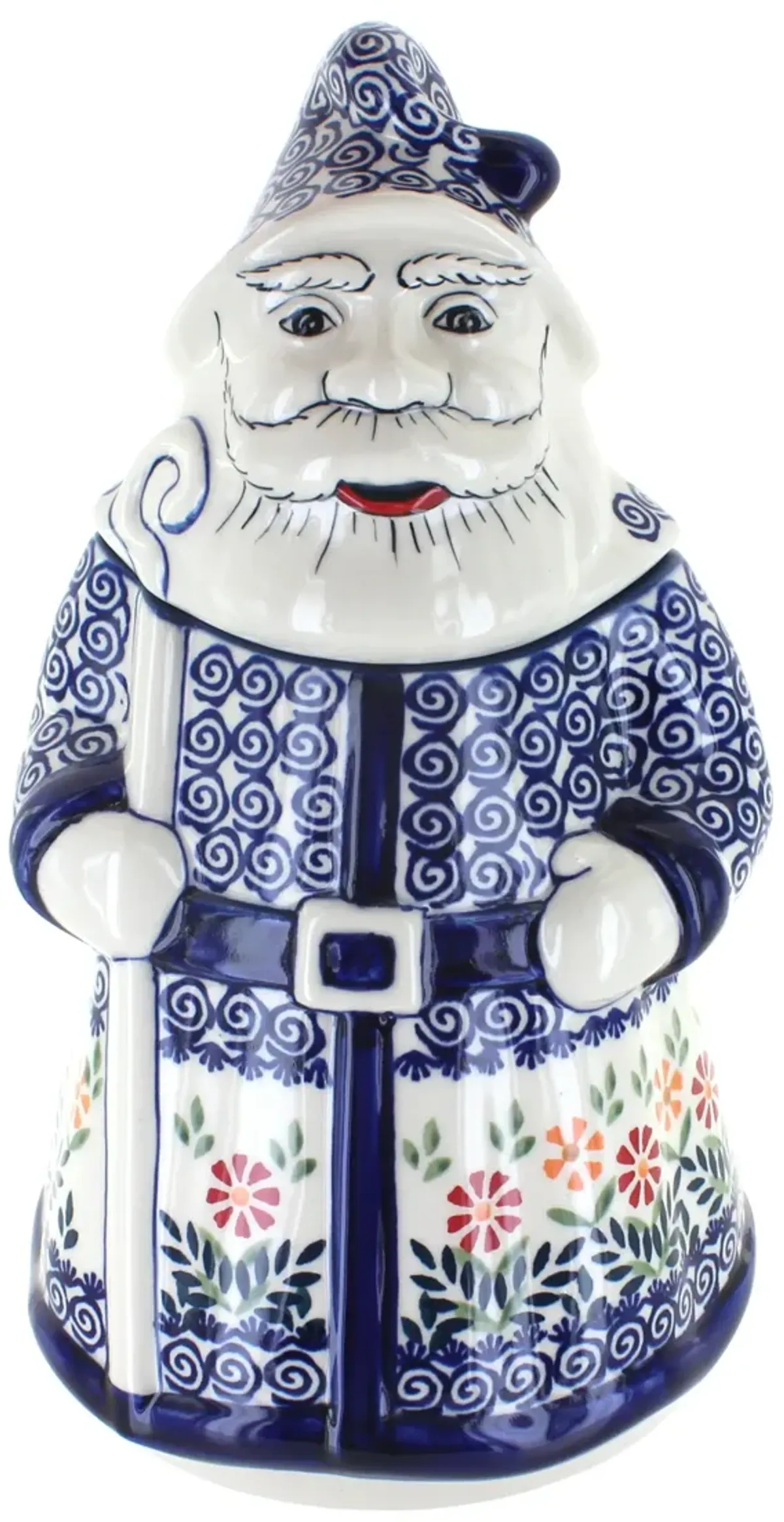 Blue Rose Polish Pottery Garden Bouquet Santa Cookie Jar