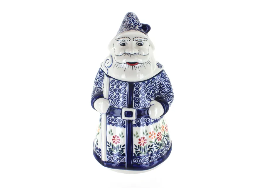 Blue Rose Polish Pottery Garden Bouquet Santa Cookie Jar