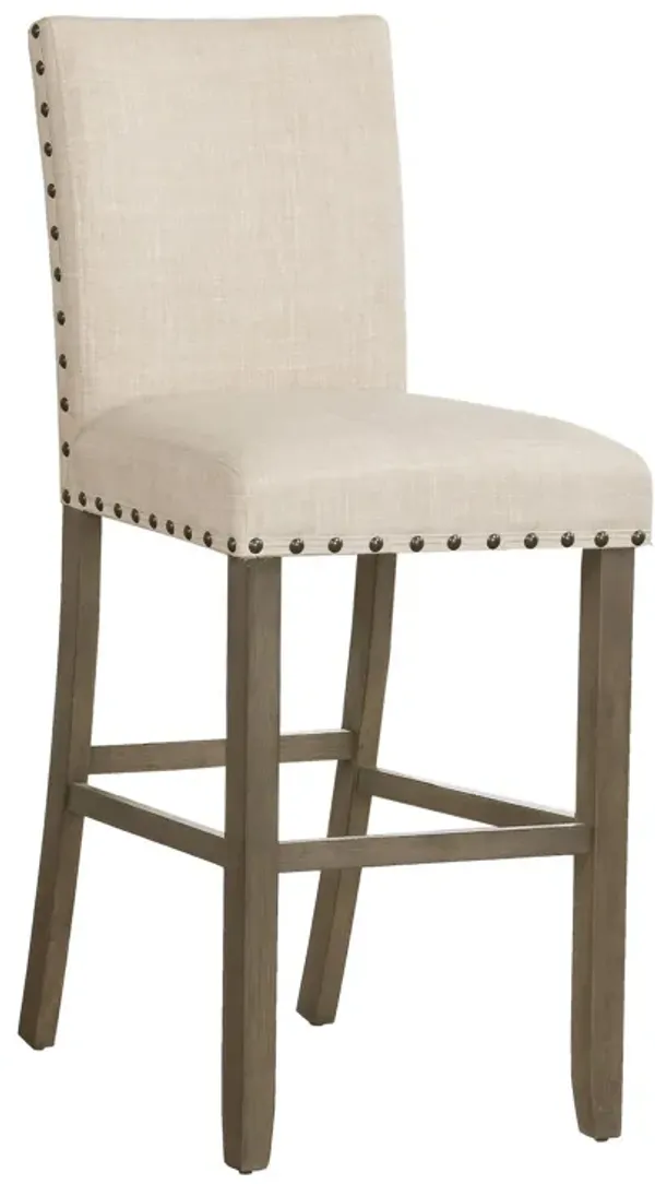 Lok 30 Inch Wood Barstool, Set of 2, Nailhead Trim, Padded Seating, Beige