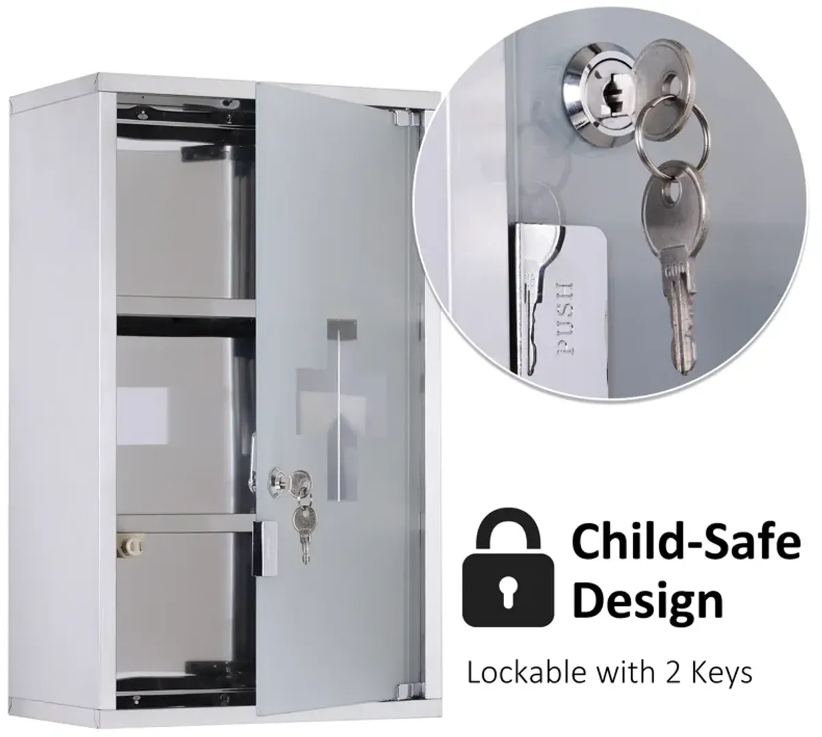Stainless Steel Medicine Cabinet Wall Mount Frosted Door Lockable First Aid