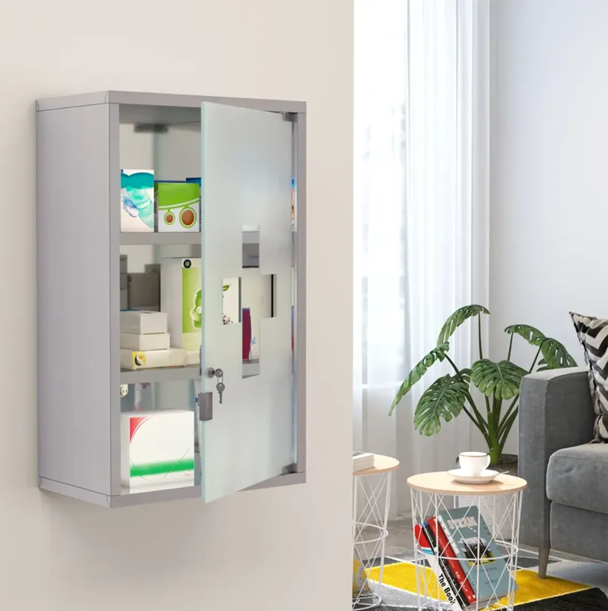 Stainless Steel Medicine Cabinet Wall Mount Frosted Door Lockable First Aid
