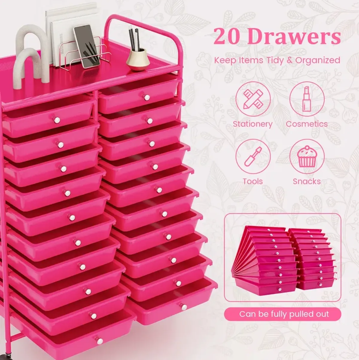 20 Drawers Rolling Storage Cart Studio Organizer