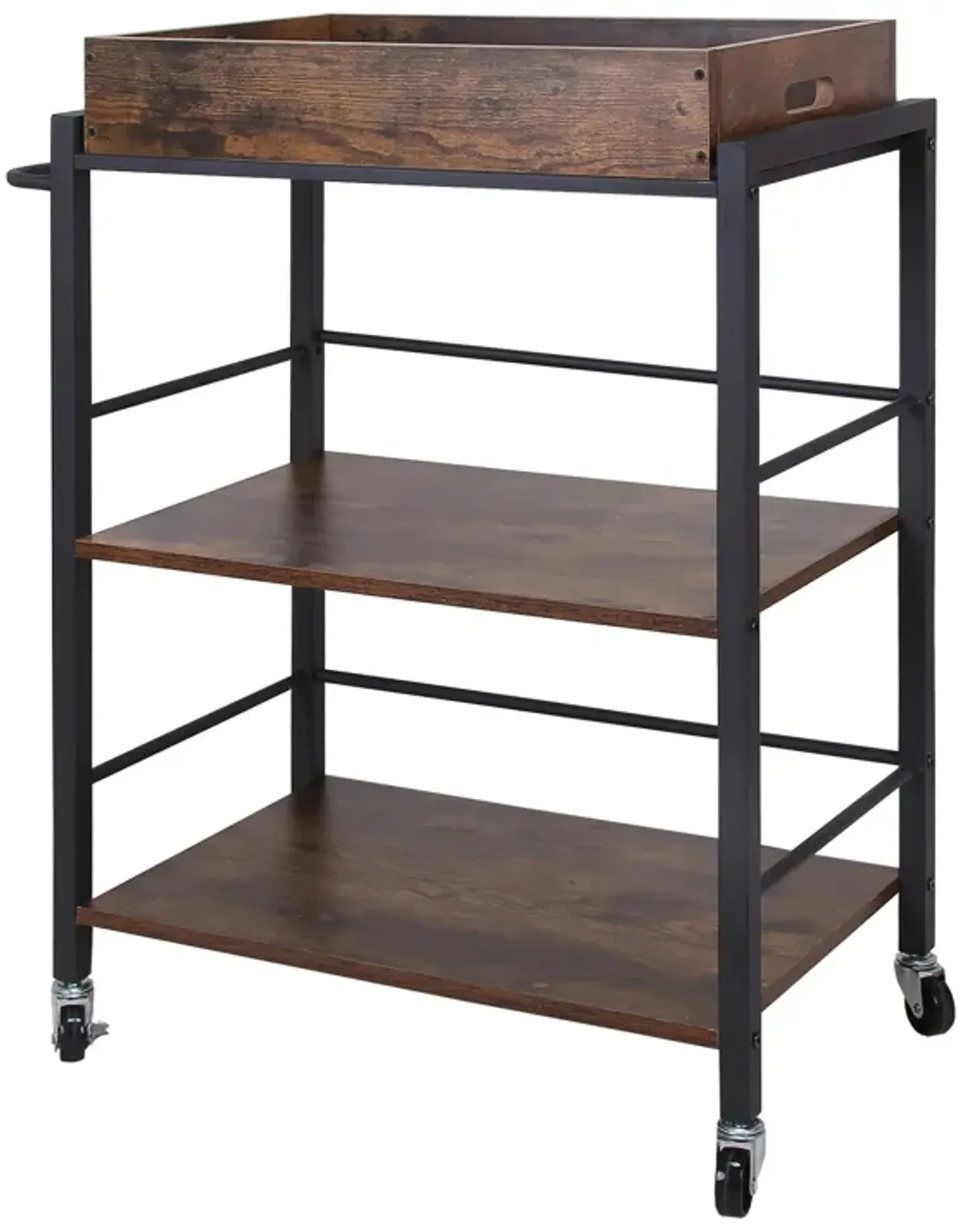 Tray Top Wooden Kitchen Cart with 2 Shelves and Casters, Brown and Black-Benzara