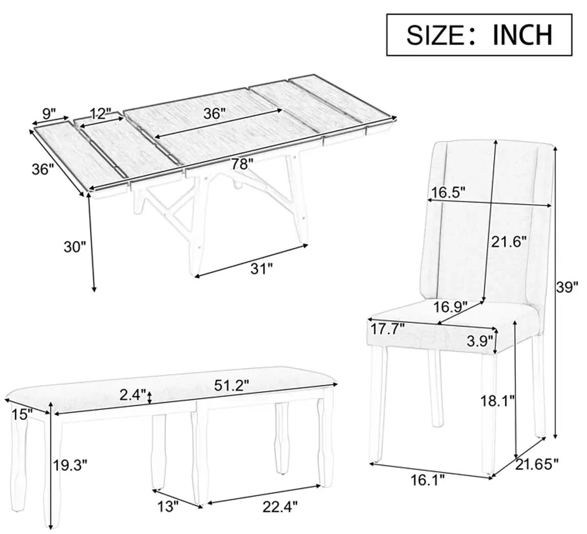 Merax 6-Piece Classic Dining Table Set of 4 Chairs and 1 Bench