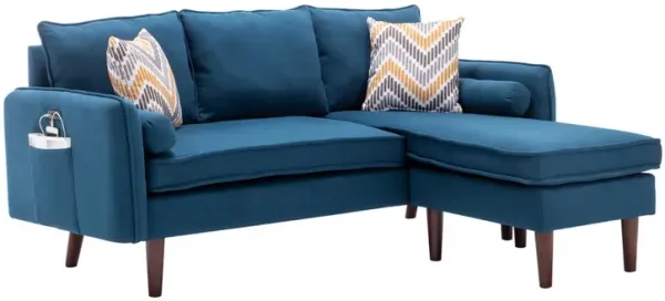 Ranon 70 Inch Sectional Chaise Sofa, Pillows, USB Ports, Side Pockets, Blue - Benzara